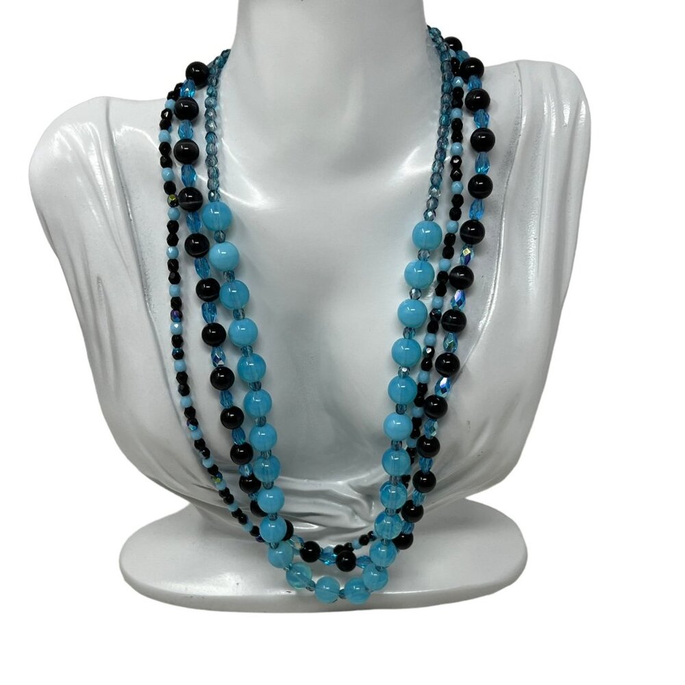 Blue Black Beaded Necklace 3 Strand Glass‎ Beads 21 inches